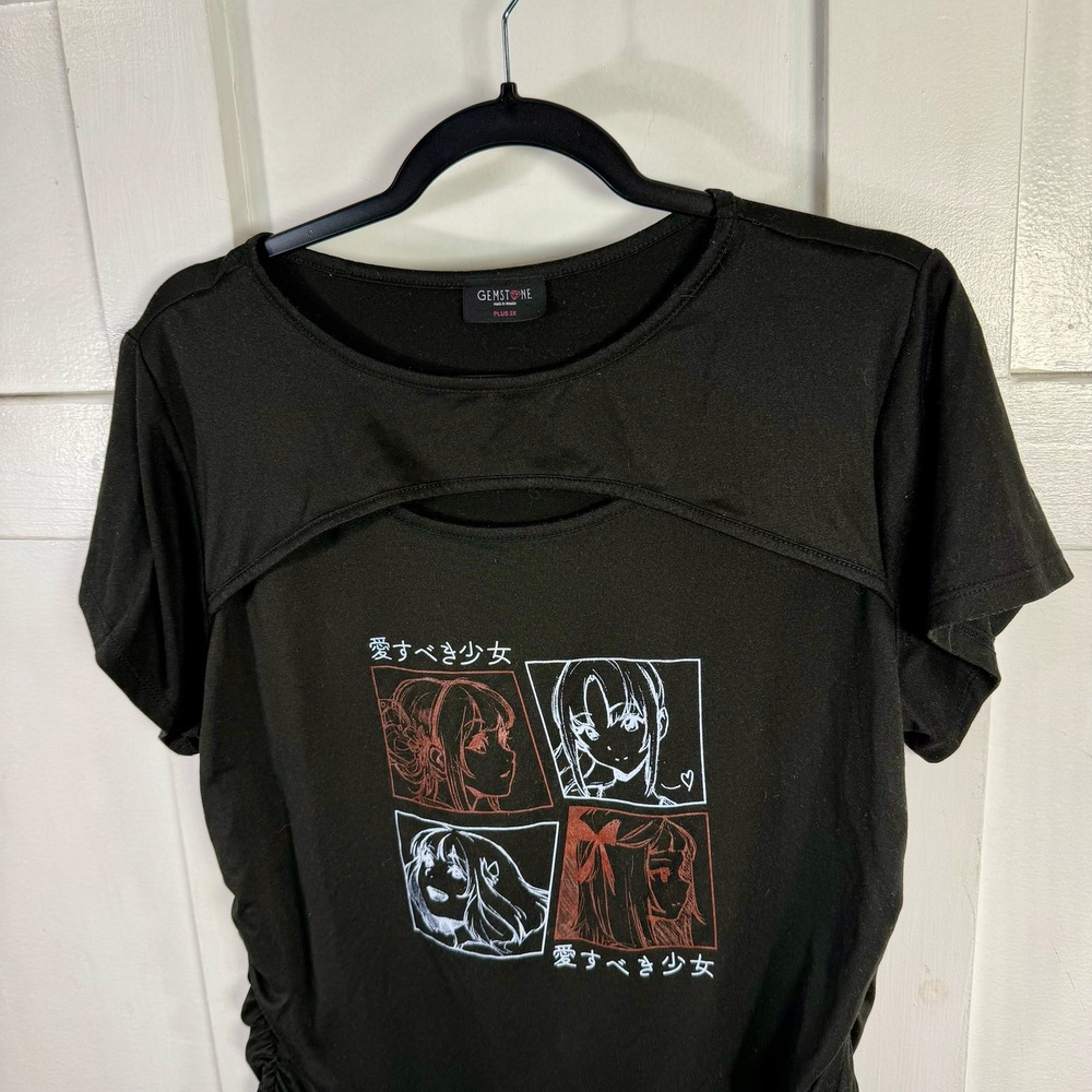 Gemstone‎ Plus 2X Black Anime Manga Graphic Cutout Ruched Side Tee Shirt